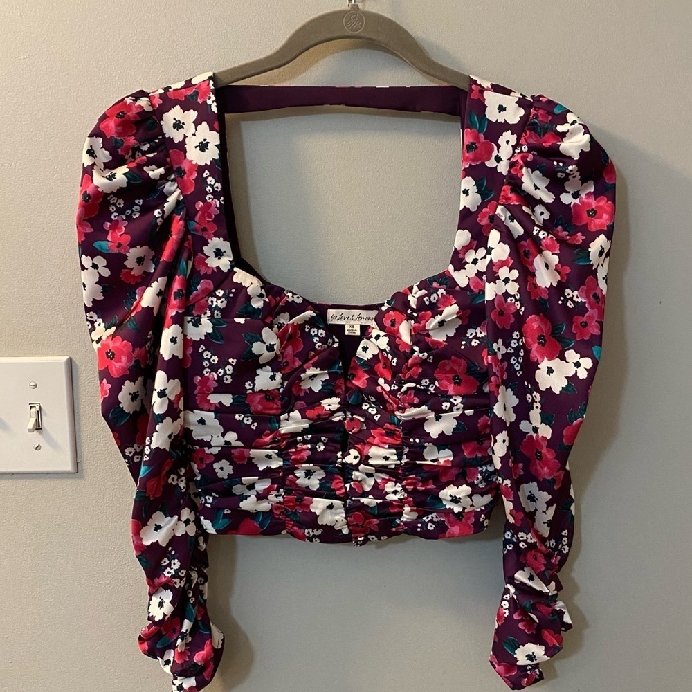 For love & lemons Penny fushia puff sleeve cropped long sleeve blouse X-small - Picture 2 of 6